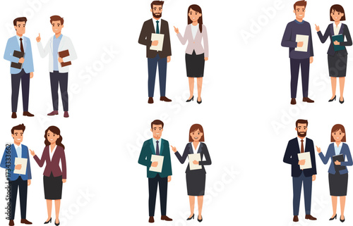 Confident business character illustration—diverse professionals, arms crossed, corporate attire—vector people sketch, workplace unity, leadership, team identity