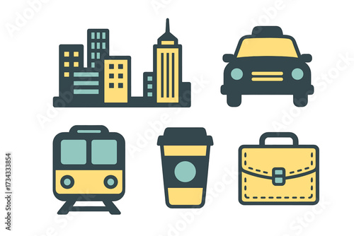 Modern urban life and daily commute with city buildings, public transportation, coffee cup, and business briefcase