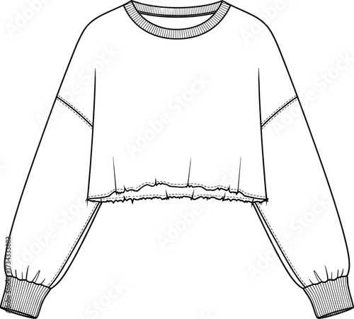 Cropped sweatshirt flat sketch, technical fashion illustration, frayed hem design, streetwear garment clipart, vector apparel silhouette bundle