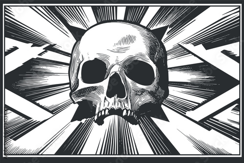 A striking black and white illustration of a skull with dynamic rays emanating from it..