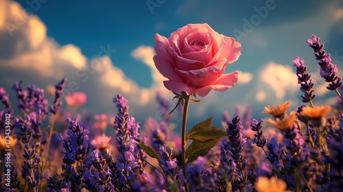 Fototapeta Naklejka Na Ścianę i Meble -  A pink rose stands out in the garden field set against the sky, with a rose flower in the background, under a bright sunlit landscape, and space for text