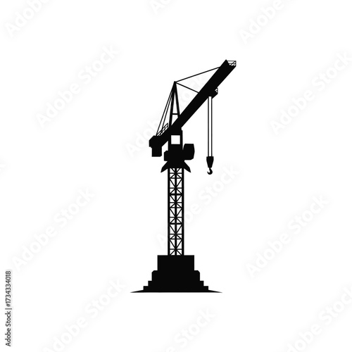 A black silhouette of a construction tower crane isolated on white background