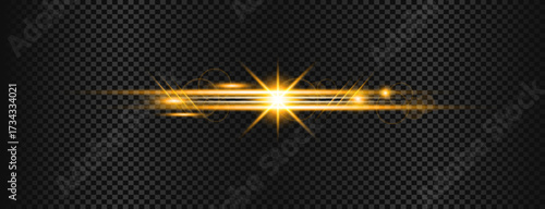 Golden horizontal light effect, glowing sparkle with bright star burst, shiny flare on transparent background, luminous line with particles, abstract golden beam vector for decoration and digital desi