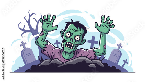 Zombie Emerging from Grave: An animated illustration of a zombie rising from the grave. With a sinister gaze and decaying features, it's a classic horror scene. 