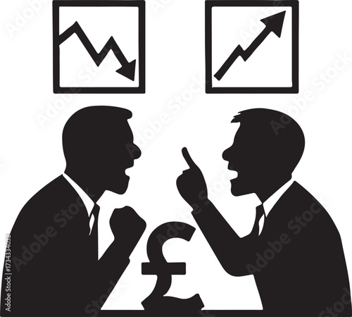 Silhouettes of two businessmen arguing over financial charts showing a downward trend and an upward trend with a pound symbol
