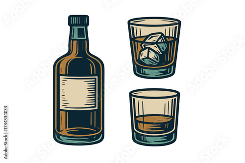 Classic whiskey bottle and two glasses, one with ice cubes, for alcoholic beverages in a vintage style