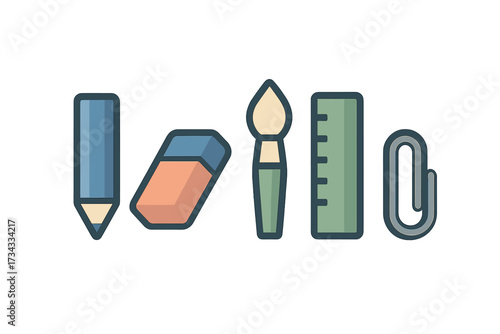 Colorful collection of essential school and office stationery items including a pencil eraser paintbrush ruler and paperclip