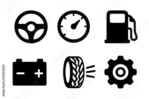 Automotive dashboard and service icons including steering wheel, speedometer, fuel pump, battery, tire, and gear