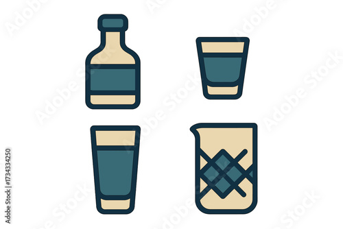 Collection of barware icons including a liquor bottle, shot glass, highball glass, and mixing pitcher