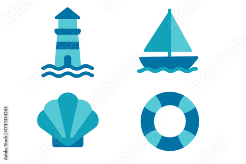 Essential nautical and marine themed icons featuring a lighthouse sailboat seashell and lifebuoy for web and print design