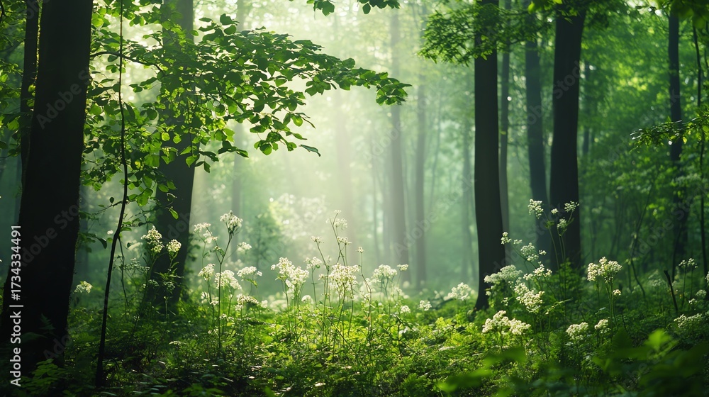 Fototapeta premium A serene springtime forest filled with fresh green leaves and vibrant wildflowers, enveloped in morning mist and ultra HD detail.