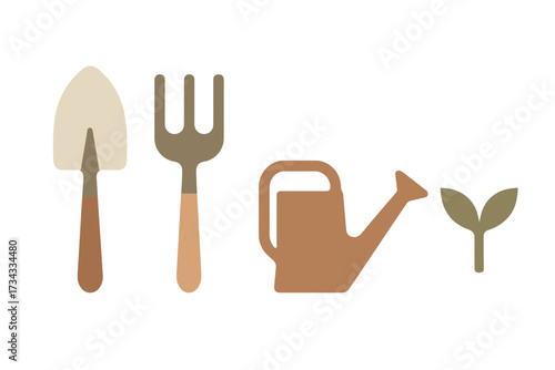 Gardening tools set with shovel, hand fork, watering can, and a small plant sprout for cultivation