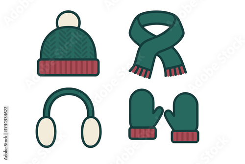 Cozy winter clothing accessories set with knitted hat scarf mittens and earmuffs for cold weather