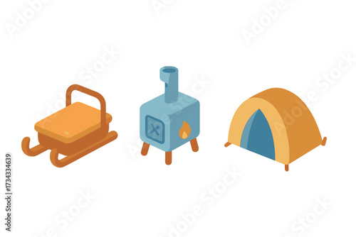 Essential winter camping equipment set featuring a wooden sled, portable wood burning stove, and a dome tent for outdoor adventures