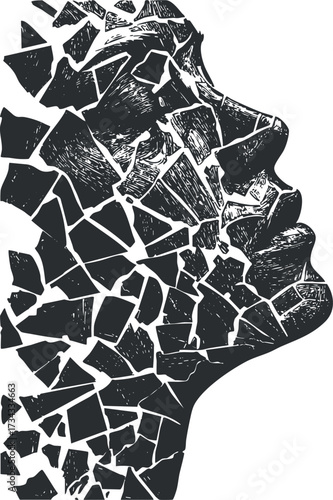 Abstract illustration of a fragmented face created with geometric shapes and lines..