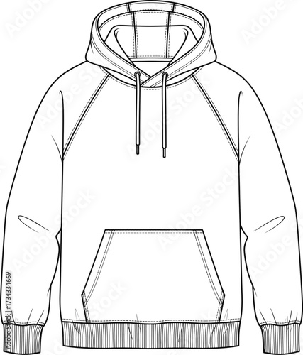 Hooded sweatshirt technical drawing—kangaroo pocket, drawstring hood, ribbed cuffs—vector fashion sketch, garment design, casualwear blueprint, textile illustration