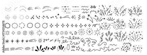 Confetti patterns combine star shapes with firework details for emphasis. Bling and celebrate icons follow line element compositions in vector. Twinkle graphics with sketch background, drawn simple sp