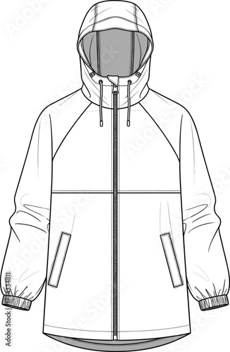 Hooded jacket technical drawing—zip front, raglan sleeves, flap pockets—vector fashion sketch, garment design, outerwear blueprint, casualwear illustration