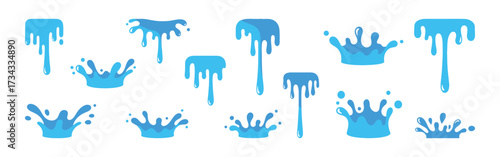 Water splashes set. Water design element, falling droplets silhouettes.