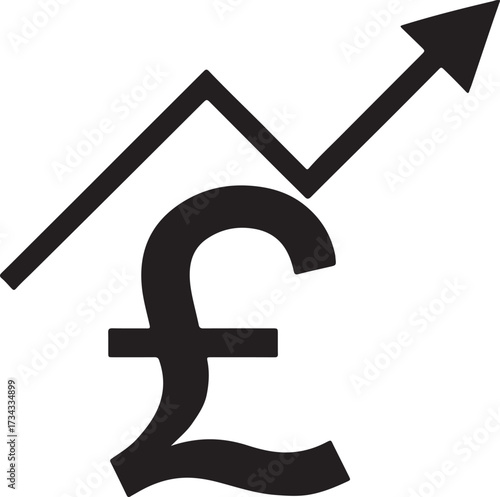 Black pound sterling symbol with upward trending arrow illustrating financial growth and economic improvement