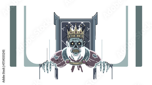 Undead Monarch: A chilling illustration portrays an undead monarch, clad in regal attire, seated upon a throne. His skeletal features and crown symbolize the grim nature of this regal figure.