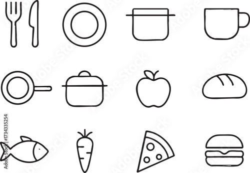 Icon sheet with 15 unique minimal line icons, evenly spaced on white background, bold deep black outlines, no color, no shading, no gradient, clean consistent style, each icon different.