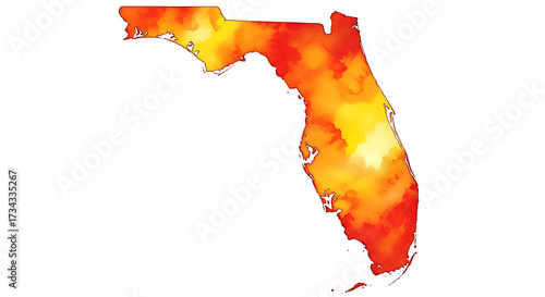 Illustration of map of florida in a vibrant watercolor style with warm colors, isolated on transparent background