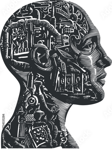 A detailed illustration of a human profile blended with mechanical and technological elements..