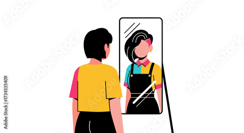 Young woman looking in mirror and reflecting on her appearance  