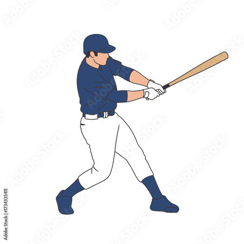 Baseball player swinging bat in athletic pose on white background  