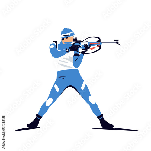 Male athlete competing in winter biathlon with rifle and skis  