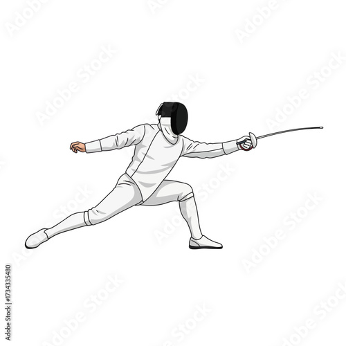 Fencer in action demonstrating a lunge position with sword  