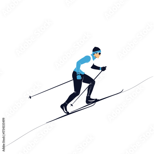 Man skiing uphill in winter sports apparel on a snowy background  