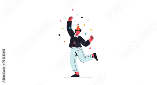 Young man celebrating with confetti while dancing at a party  