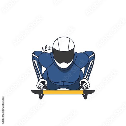 Athlete sliding on a sled in blue racing suit with helmet  