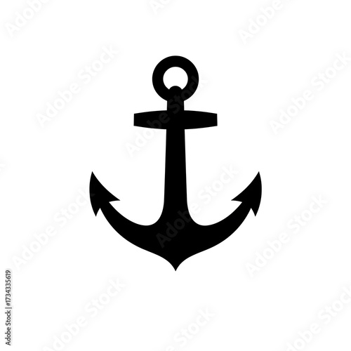 Black Anchor Silhouette on White Background  Nautical Symbol Vector Illustration.