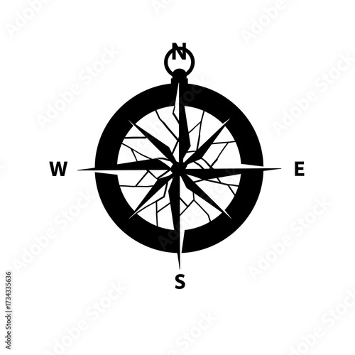 Black and white compass on a white background with navigation and direction concept.