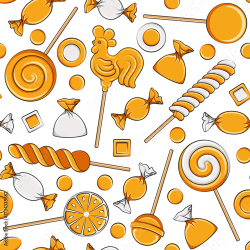 Seamless pattern with lollipop cockerel on stick and orange sweets candy. Colored vector background.