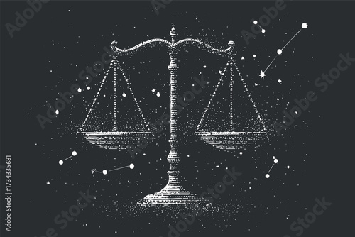 An artistic representation of the Libra scales against a cosmic background illustrating balance and justice..