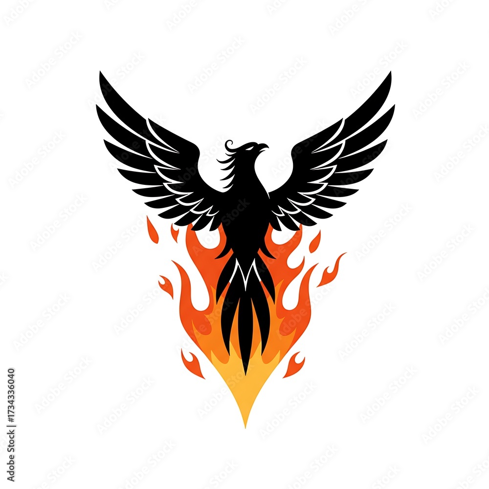 Obraz premium Black Phoenix Rising from Flames Symbol of Rebirth and Transformation with White Background.