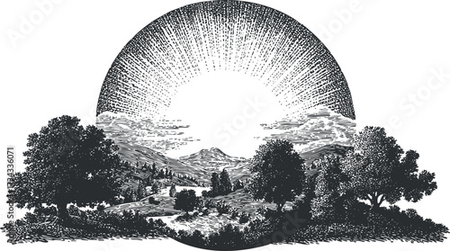 A vintage black and white illustration depicting a serene landscape with a rising sun over mountains..