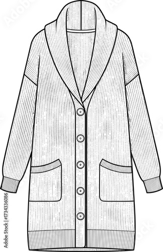 Long cardigan technical drawing—shawl collar, patch pockets, ribbed cuffs—vector fashion sketch, knitwear design, garment construction, cozywear blueprint