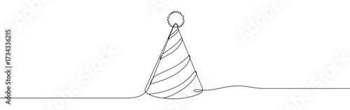 Birthday party hat lina art. Party cone and Christmas cap with decoration continuous one line drawing.