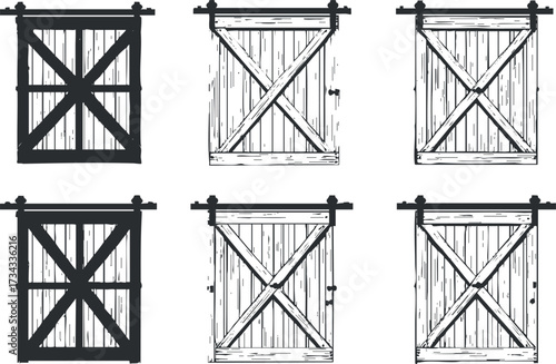 Collection of vintage wooden barn doors in various styles and designs for rustic decor.