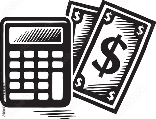 Simple illustration of a calculator and two dollar bills symbolizing financial calculations and monetary transactions