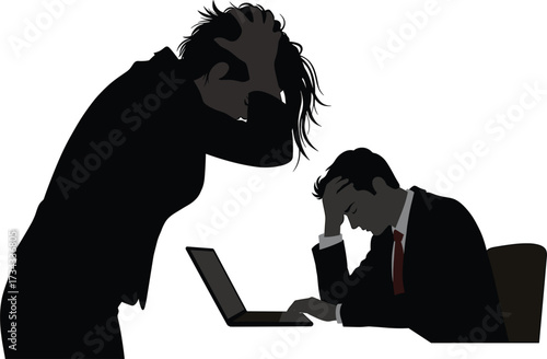 Stressed Business People Working On Laptop Silhouette, business, stress, work, people, silhouette, laptop, computer, office, man, woman, frustration, despair, failure, problem, deadline, pressure, anx