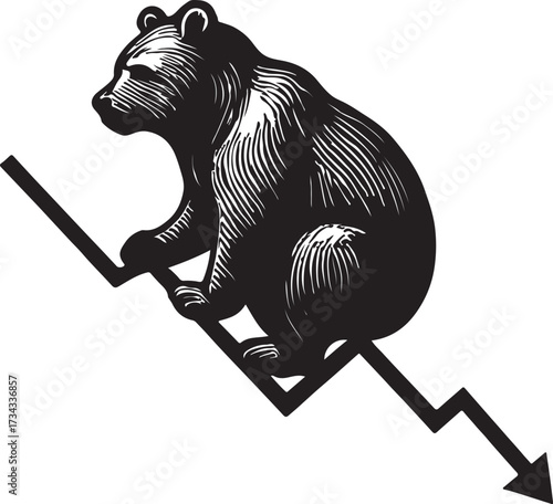 Vintage engraving style illustration of a bear sitting on a jagged downward trending stock market graph symbolizing financial decline
