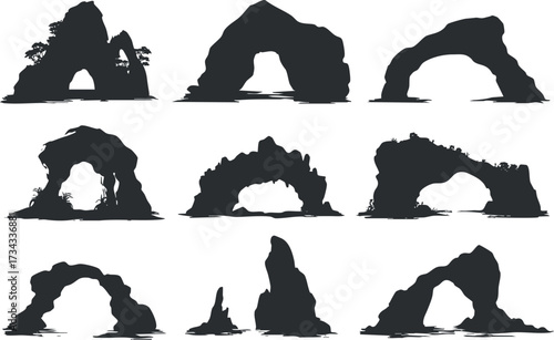 Various silhouettes of rock arches showcasing unique geological formations in nature..