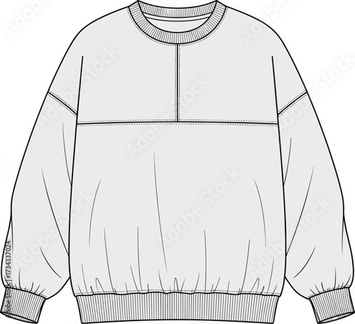 Sweatshirt technical drawing—crew neck, puff sleeves, ribbed cuffs, seam detailing—vector fashion sketch, garment design, casualwear construction, apparel blueprint