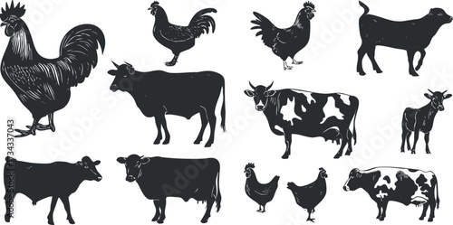 A collection of black silhouette illustrations of various farm animals including roosters, chickens, cows, and goats..